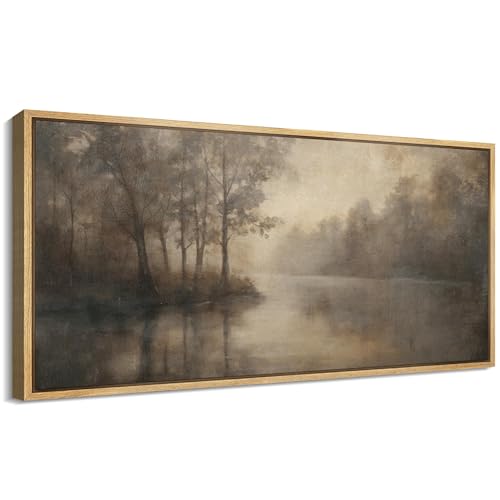 MUDECOR Extra Large Framed Canvas Print Wall Art Misty Forest Lake Soothing Foggy Landscape Fine Art Illustrations Decorative for Bedroom - 60"x30" - color: Ab03-2508-yuk07, size: 60"L x 30"W