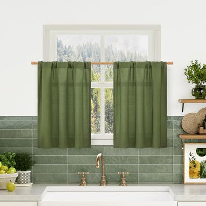 LAMIT Linen Curtains 24 Inch Length for Kitchen Cafe, Olive Green, 2 Panels - color: Rod Pocket - Olive Green, size: 29"W x 24"L (Pack of 2)
