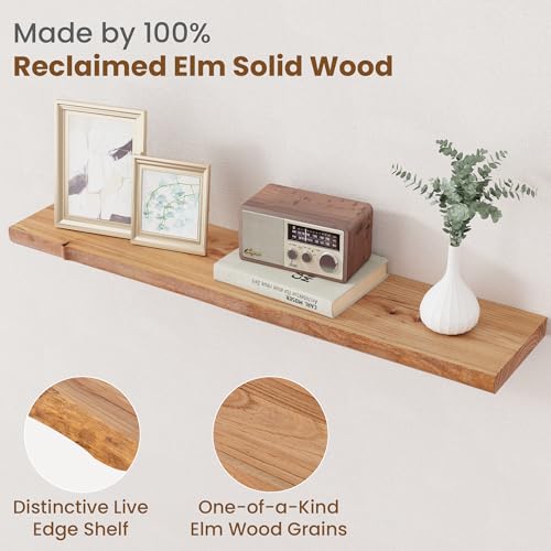 Floating Shelves for Wall, Solid Elm Wood Shelves, 36in Set of 2, Natural - color: Natural, size: Live Edge, 36inch, 2Packs