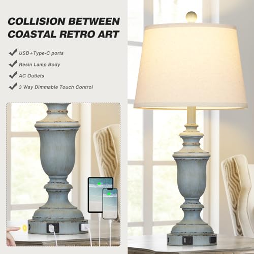 Cinkeda 25.6" Blue Table Lamps Set of 2 with USB C+A Ports & AC Outlet for Coastal Living Room Bedroom,3-Way Dimmable Farmhouse Touch Lamp Bedside Lamps for Nightstand,Retro Blue - color: Coastal