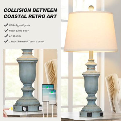 Cinkeda 25.6" Blue Table Lamps Set of 2 with USB C+A Ports & AC Outlet for Coastal Living Room Bedroom,3-Way Dimmable Farmhouse Touch Lamp Bedside Lamps for Nightstand,Retro Blue - color: Coastal