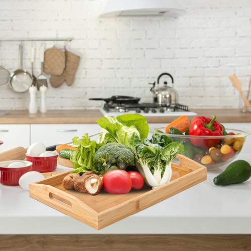2 PCS Bamboo Serving Tray, Breakfast Bed Tray with Handle, 15.8 x 11.4 x 2 Inch Wood Serving Tray for Serving, Breakfast Bed Trays for Eating, Decor, Displaying Cake, Fruit - size: 2 PCS - 15.8 x 11.4 x 2 Inch