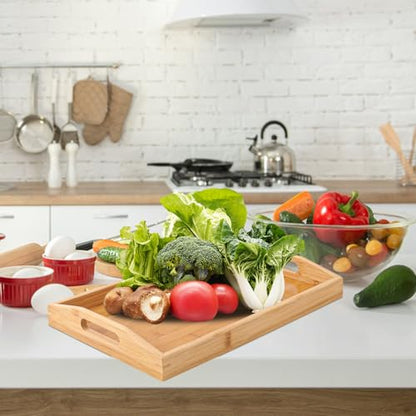 2 PCS Bamboo Serving Tray, Breakfast Bed Tray with Handle, 15.8 x 11.4 x 2 Inch Wood Serving Tray for Serving, Breakfast Bed Trays for Eating, Decor, Displaying Cake, Fruit - size: 2 PCS - 15.8 x 11.4 x 2 Inch