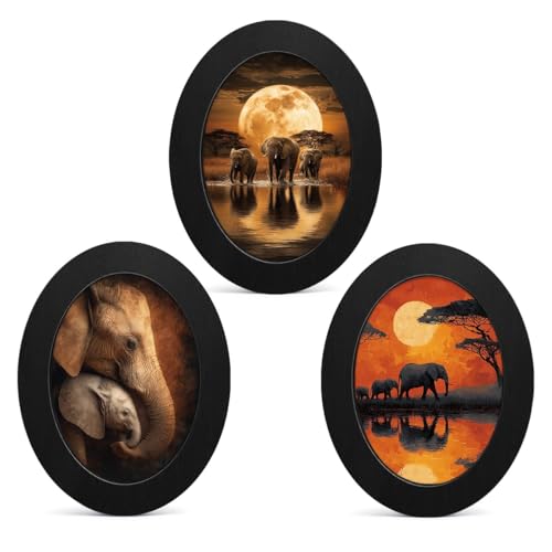 3Pcs Vintage African Safari Elephant Oval Wall Art Framed Boho Decor | Elephant Oval Wall Decor Aesthetic Animal African Canvas Prints Hanging Decor for Home Farmhouse Living Room - color: color-C