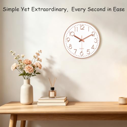 Modern Silent Wall Clock, 14 Inch Wall Clocks Battery Operated | Large Number, Non-Ticking Analog Clock with Tempered Glass Quartz Clocks for Living Room Bedroom Office Kitchen, Rose Gold - color: Rose Gold, size: 14 Inch