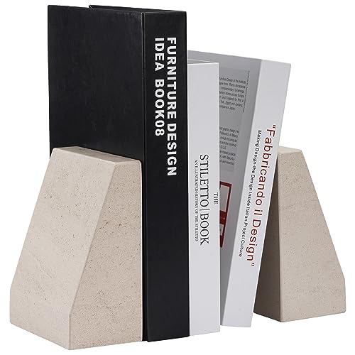 Koville Marble Bookends for Shelves, 9Lbs Large Bookends for Heavy Books, Non-Slip Heavy Duty Book Stopper for CD/Movies, Aesthetic Decorative Bookends for Shelves Table Home Decor(Beige) - color: Beige
