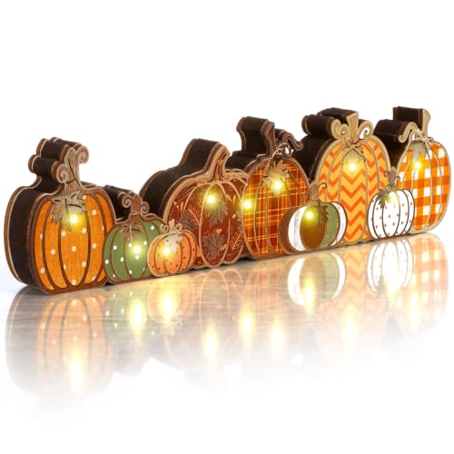 Yousoontic Fall Table Decorations, Light up Pumpkin Table Centerpieces Retro Wooden Sign Decor with LED Lights 3D Block Pumpkin Decor for Autumn Thanksgiving Harvest Farmhouse Home Mantel Desk Party - style: Retro Pumpkin