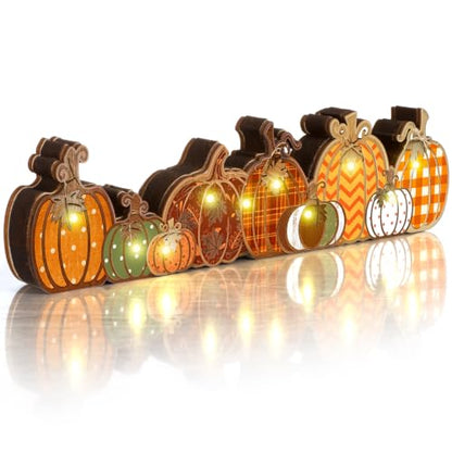 Yousoontic Fall Table Decorations, Light up Pumpkin Table Centerpieces Retro Wooden Sign Decor with LED Lights 3D Block Pumpkin Decor for Autumn Thanksgiving Harvest Farmhouse Home Mantel Desk Party - style: Retro Pumpkin