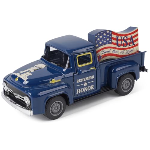 Memorial Day Patriotic Truck Decor, Americana Vintage Pickup Truck Tabletop Decoration, Rustic Farmhouse Tiered Tray Decor for 4th of July Independence Day Home Office - color: independence Day Blue
