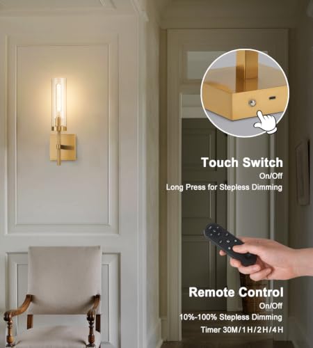 Gold Battery Operated Wall Sconce Set of 2, Wireless Wall Sconces with Remote Control, Rechargeable LED Dimmable Wall Light for Bedroom Bathroom Hallway Living room Entryway Stairwell, 3000K - color: Gold & Clear Glass, size: Battery 16 Inch