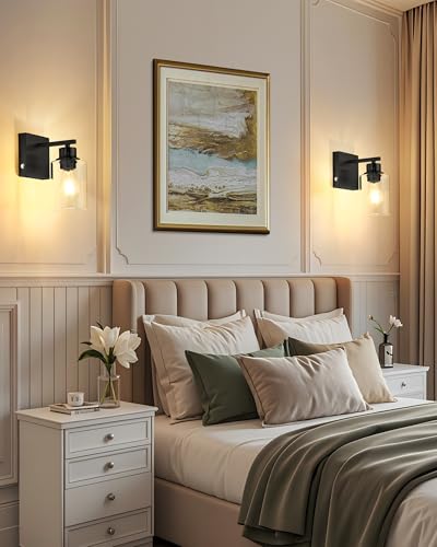 Wireless Battery Operated Wall Sconce Set of Two with Remote Control | Black Dimmable Rechargeable Wall Lights with Timer, Easy Install Clear Glass Lamp for Living Room Bedroom, Emergency 3000K - color: Black(Clear Lampshades)