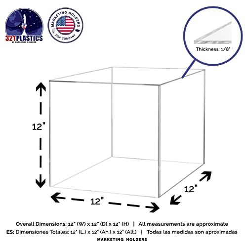 12" Acrylic Display Riser Box with One Open Side No Lid Versatile Clear Glossy Square Lucite Retail Product Platform or Merchandise Storage Bin No Assembly by Marketing Holders - size: 12" Cube-Clear