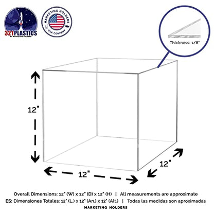12" Acrylic Display Riser Box with One Open Side No Lid Versatile Clear Glossy Square Lucite Retail Product Platform or Merchandise Storage Bin No Assembly by Marketing Holders - size: 12" Cube-Clear