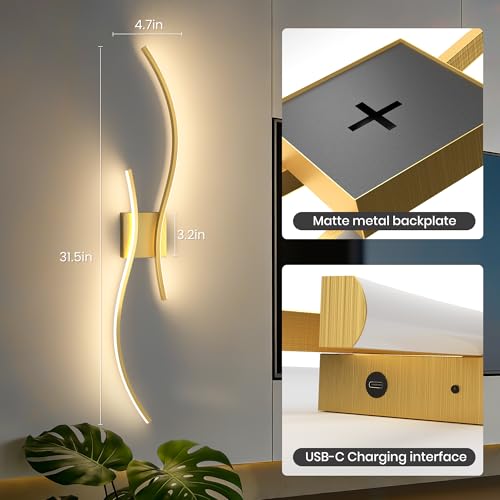 10000mAh Battery Operated Wall Sconces Set of 2, Gold, 31.5 Inch - color: Gold, size: 31.5in