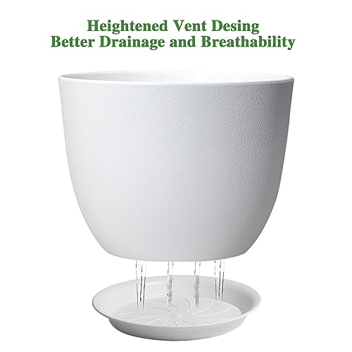 UOUZ 12inch Large Plant Pot, Modern Plastic Planter with High Driange Holes and Saucer for Indoor Outdoor Garden Plants and Flowers, White - color: White
