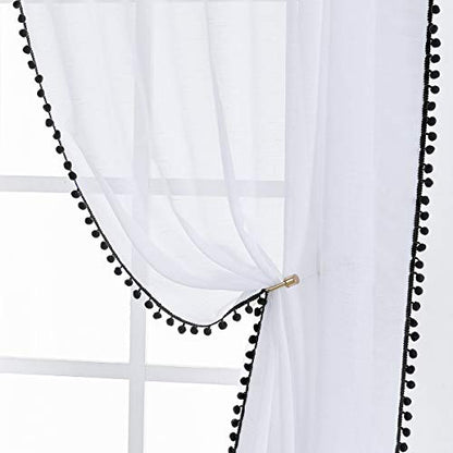 White Sheer Curtains with Black Pom-Pom for Living Room 52x63 Kids Room 2pk - color: White - Black, size: 52"W x 63"L (Pack of 2)