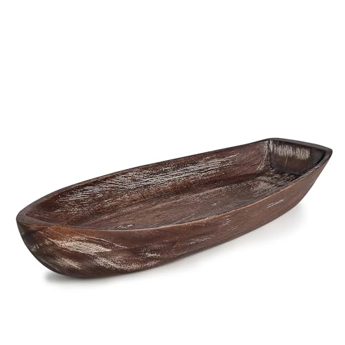 Rustic Wooden Serving Tray, Boat Shape Decorative Tray Vintage Centerpiece, Farmhouse Rustic Trays, Key Tray, Decorative Platter for Countertop Home Decorations- Distressed Brown。(Size M) - size: 12.7" x 5" x 1.9"