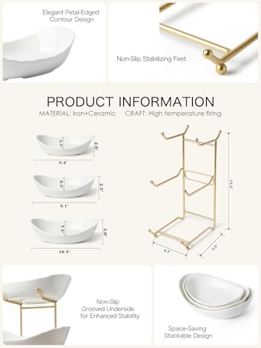 Kanwone Fruit Bowl for Kitchen Counter - 3 Tier with No Assembly Gold Stand & White Ceramic Bowls, Tiered Fruit Basket for Storage, Vegetables, Cake Display, Party Serving & Home Decor - size: 3 Tier
