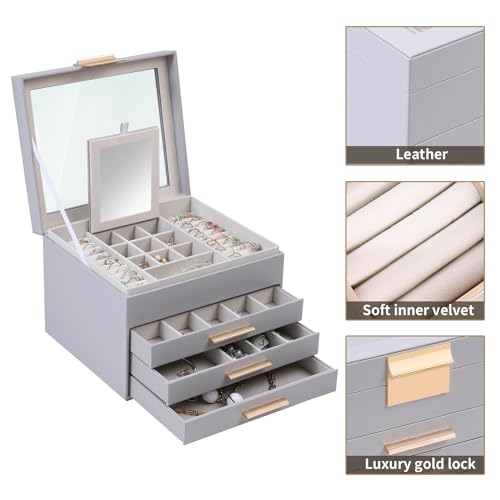 BOOVO Clear Lid Jewelry Box,3 Layers Jewelry Organizer Large Jewelry Storage Box with 2 Drawers,Jewelry Holder Organzier of Rings Earrings Necklace Bracelets for Women (Grey, 4 Layer) - color: Grey, size: 4 Layer