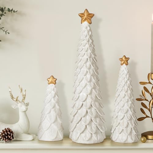 Beeveer 3 Pcs Christmas Tree Figurines Set Glitter Resin Tabletop Christmas Tree Decor Elegant Xmas Tabletop Centerpieces for Tables Desk Shelf Mantel Holiday Indoor Decorations(White) - color: White