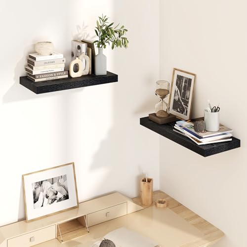 Fun Memories Black Floating Shelves 16 Inch Long, 8 Deep Floating Shelf Wall Mounted, 16 x 8 Inch Wooden Bathroom Shelves, Deep Storage Shelves for Living Room, Kitchen, Set of 2 - color: Black, size: 16"W x 8"D