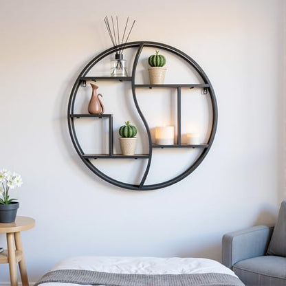 Round Wall Shelf,Decorative Circle Floating Shelves - color: Black