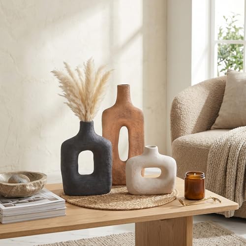 DREAMLOOM Ceramic Vase Set of 3, Black, Rust - color: Rust Red Combo - Hollow Design