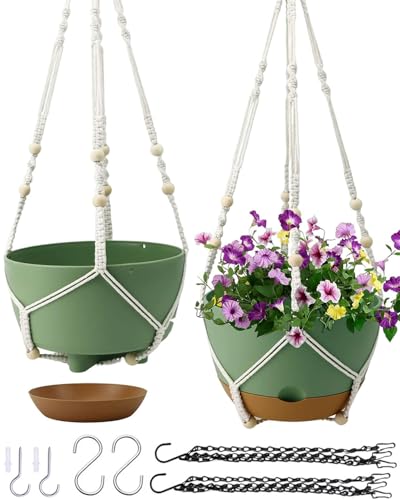 Koalaime Hanging Planter Self Watering 10 Inch, 2 Pack Indoor Outdoor Hanging Baskets, Hanging Flower Pots with Drainage Hole & 2 Kinds of Plant Hangers for Garden Home Decor(Green)… - color: Green