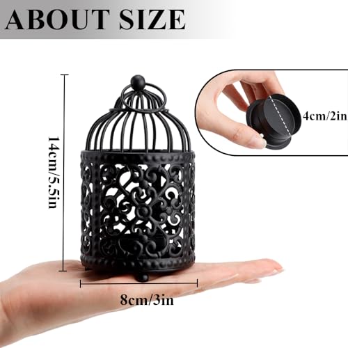 JHY DESIGN 6 Pcs 5.5 inch Height Small Metal Candle Stick Holder Hanging Birdcage Tealight Lantern Hollow Candle Holders for Table Valentine Patio Indoor Outdoor Gifts(Black)
