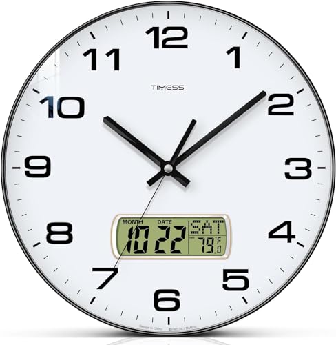 TIMESS Wall Clock, 13" Dial Non-Ticking Silent Battery Operated Analog with LCD Display for Perpetual Calendar and F° Temperature, Ideal Modern Home, Bedroom, Kitchen, Office Decor(Black) - color: Black, size: 13 Inch