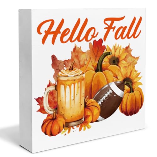 Hello Fall Decor Fall House Wooden Box Sign Maple Leaf Football Pumpkin Decorations Rustic Home Desk Shelf Tabletop Decor 5 x 5 Inches - color: Multicolor Fall