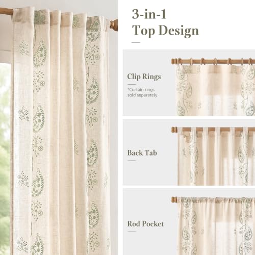 jinchan Linen Curtains 84 Inch Sage Floral Drapes Back Tab 2 Panels Set - color: Sage on Beige, size: 50"W x 84"L (Pack of 2)