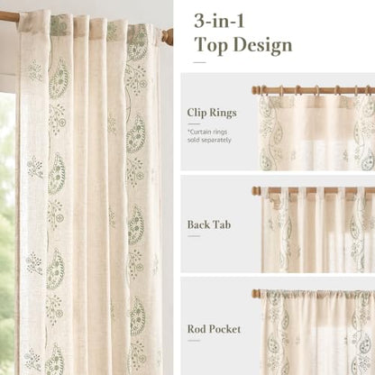 jinchan Linen Curtains 84 Inch Sage Floral Drapes Back Tab 2 Panels Set - color: Sage on Beige, size: 50"W x 84"L (Pack of 2)