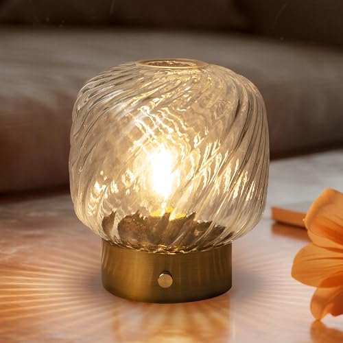 LUSHARBOR Battery Operated Table Lamp with Timer, Stepless Dimming Small Bedside Lamp Battery Powered Cordless Lamp for Home Decor Entryway/Living Room/Coffee Table/Shelf Transparent - color: Spiral-Hazy white