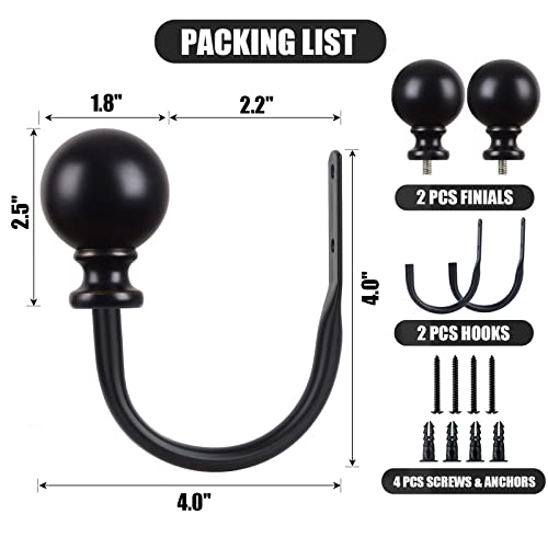 KAMANINA Curtain Holdbacks 2 Pack Wall Mounted with Black Round Finials - color: Black