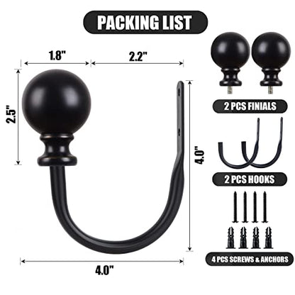 KAMANINA Curtain Holdbacks 2 Pack Wall Mounted with Black Round Finials - color: Black