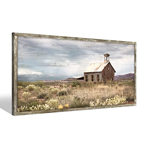 Farmhouse Wood Wall Art Picture: Framed Old Barn Print Decor Large Rustic Farm Landscape Country Artwork Panoramic Horizontal Nature Scene Rural Countryside Painting for Living Room Bedroom - color: Farm 02, size: 48"L x 24"W