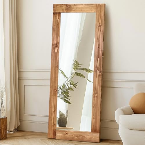 58x24in Full Length Mirror, Solid Wood Convex Frame, Light Brown - color: Light Brown-convex Frame, size: 58"L x 24"W