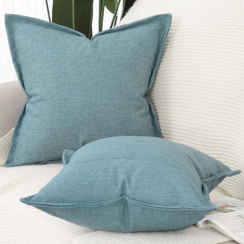 MADIZZ Pack of 2 Faux Rustic Linen Throw Pillow Covers with Flange Edge Soft Boho Natural Decorative Pillowcases for Sofa Living Room Modern Throw Pillows for Bed 24x24 Inch Blue - color: Blue, size: 24" x 24" (Pack of 2)