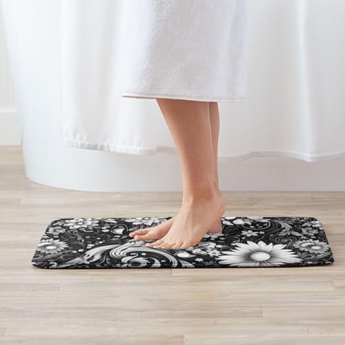 Black White Flower Sketch Bath Mat Non-Slip Soft Flannel Bathroom Rugs Washable Bathmat, Carpet Rug Entryway Decor for Tub Shower Room Floor Home Kitchen,24x16 in - color: Black White Flower, size: 1'4" x 1'11" (Rectangular)