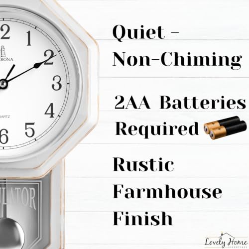 Pendulum Wall Clock, Real Wood Regulator Clock, White, Quiet Non-Chiming - color: Rustic White With Arabic Numerals