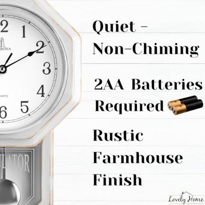 Pendulum Wall Clock, Real Wood Regulator Clock, White, Quiet Non-Chiming - color: Rustic White With Arabic Numerals