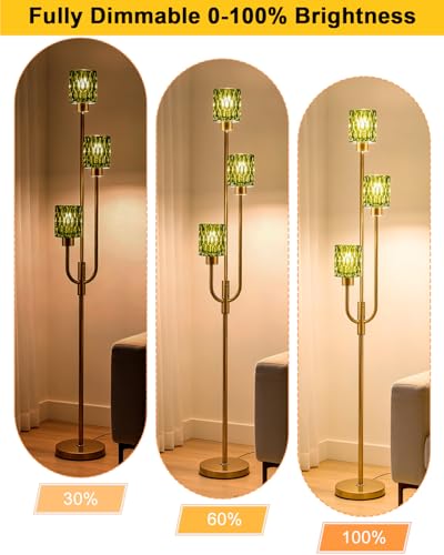 66IN Glass Floor Lamp 3-Light Modern Green Glass Gold Dimmable Floor Lamps - color: Green Cylinder-Gold