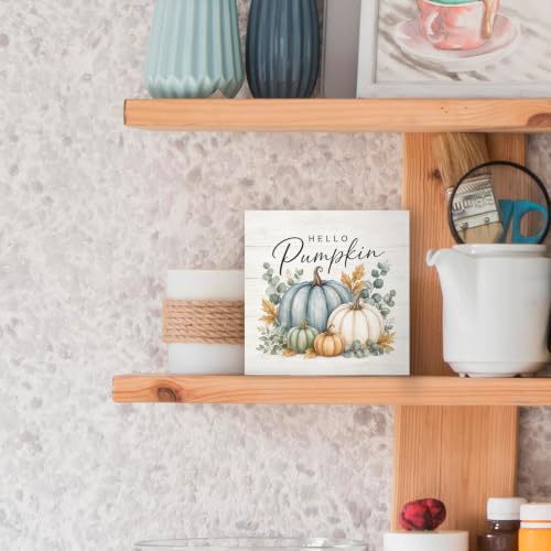 Fall Pumpkin Eucalyptus Botanical Wood Box Sign Desk Decor 5X5 - color: Dusty Blue & White
