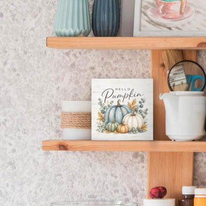 Fall Pumpkin Eucalyptus Botanical Wood Box Sign Desk Decor 5X5 - color: Dusty Blue & White