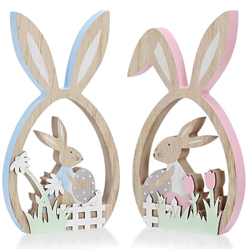 Easter Bunny Decor – 2Pcs Farmhouse Wooden Easter Decorations for Home, Rustic Spring Signs Table Centerpiece, Cute Natural Wood Rabbit Figure for Mantle Shelf Tiered Tray Indoor Decor - color: Fh3023