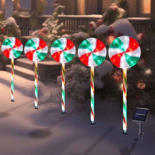 BRIGHTDECK 5 Pack Solar Christmas Pathway Lights, Lollipop Stakes - color: RGW, size: 5Pack