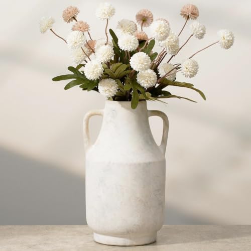 11" Tall Large Matte White Vintage Ceramic Vase with Handles, Distressed Washed Farmhouse Vase, Table Centerpiece for Living Room Entryway Kitchen Bathroom, Fits Dried Pampas Grass (005-white) - color: 005-white