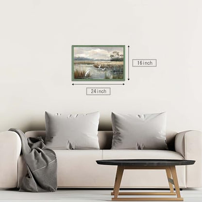 HILL WEST Rustic Landscape Lake Bird Framed Wooden Wall Art, 24x16inch - color: Bird, size: 24"L x 16"W
