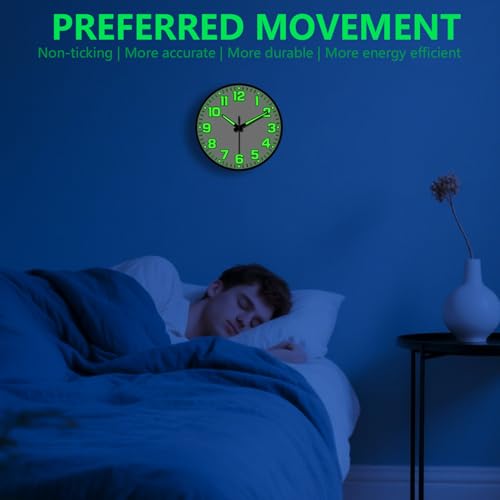 Glow in The Dark Wall Clock, 8" Silent Non-Ticking Wall Clocks Battery Operated, Large Easy Read Numbers Tempered Glass Night Light Analog Clock for Bedroom Living Room Kitchen Office, White - color: White Green, size: 8 Inch